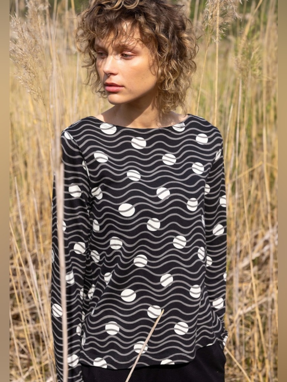 Gudrun Sjödén Dina Organic Cotton Modal Wave Dot Top Black M